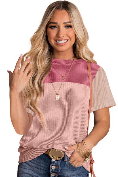 Pink Rib Textured Colorblock T Shirt