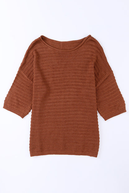 Apricot Casual Solid Rib-Knit Short Sleeve Top