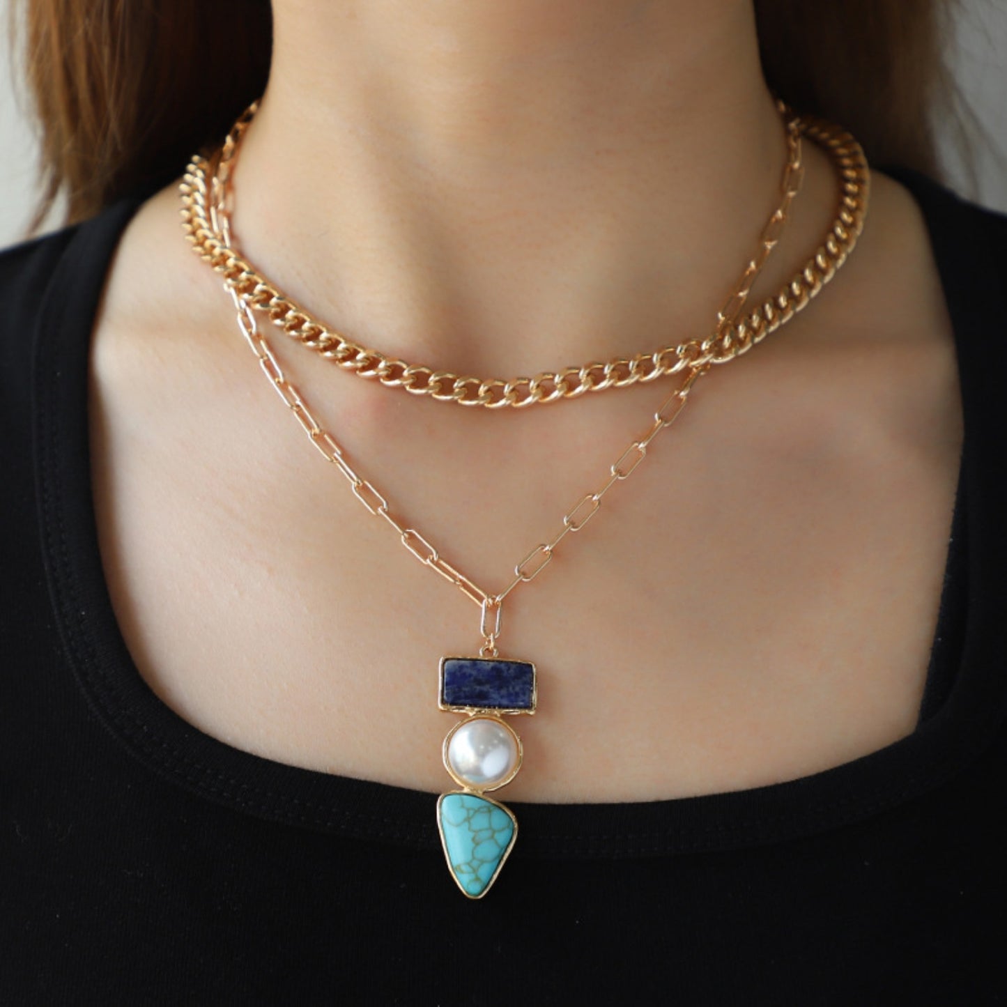 2 Piece Imitation Gemstone Alloy Necklace