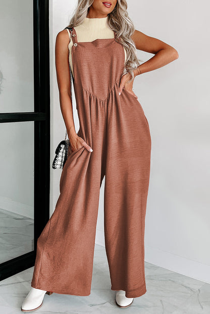 Black Textured Buttoned Straps Ruched Wide Leg Jumpsuit