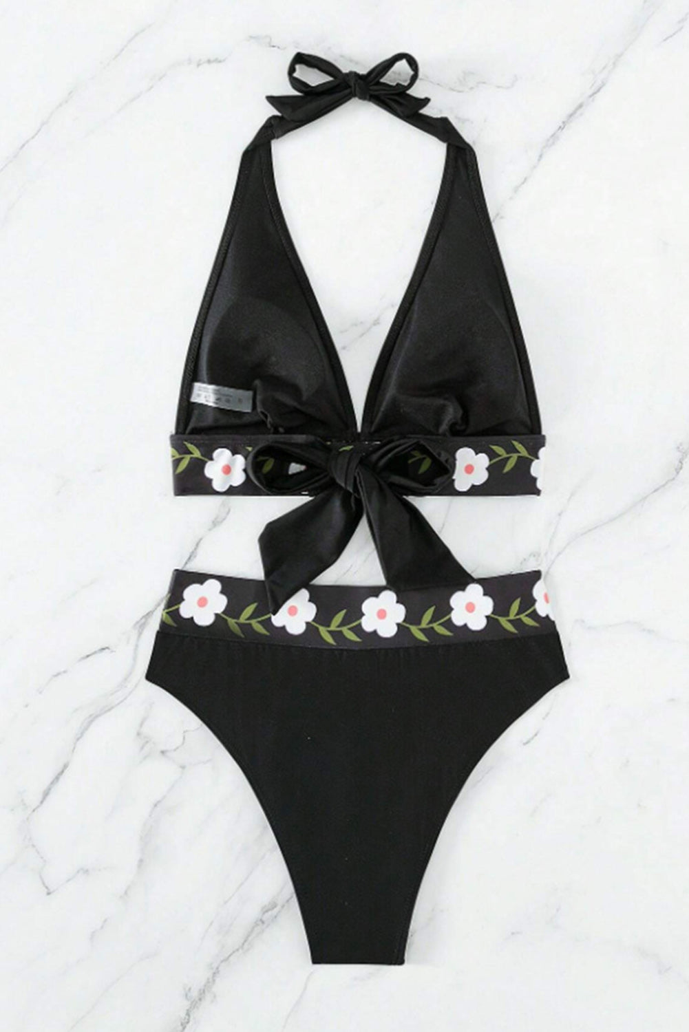 Traje de baño bikini halter con banda floral negro