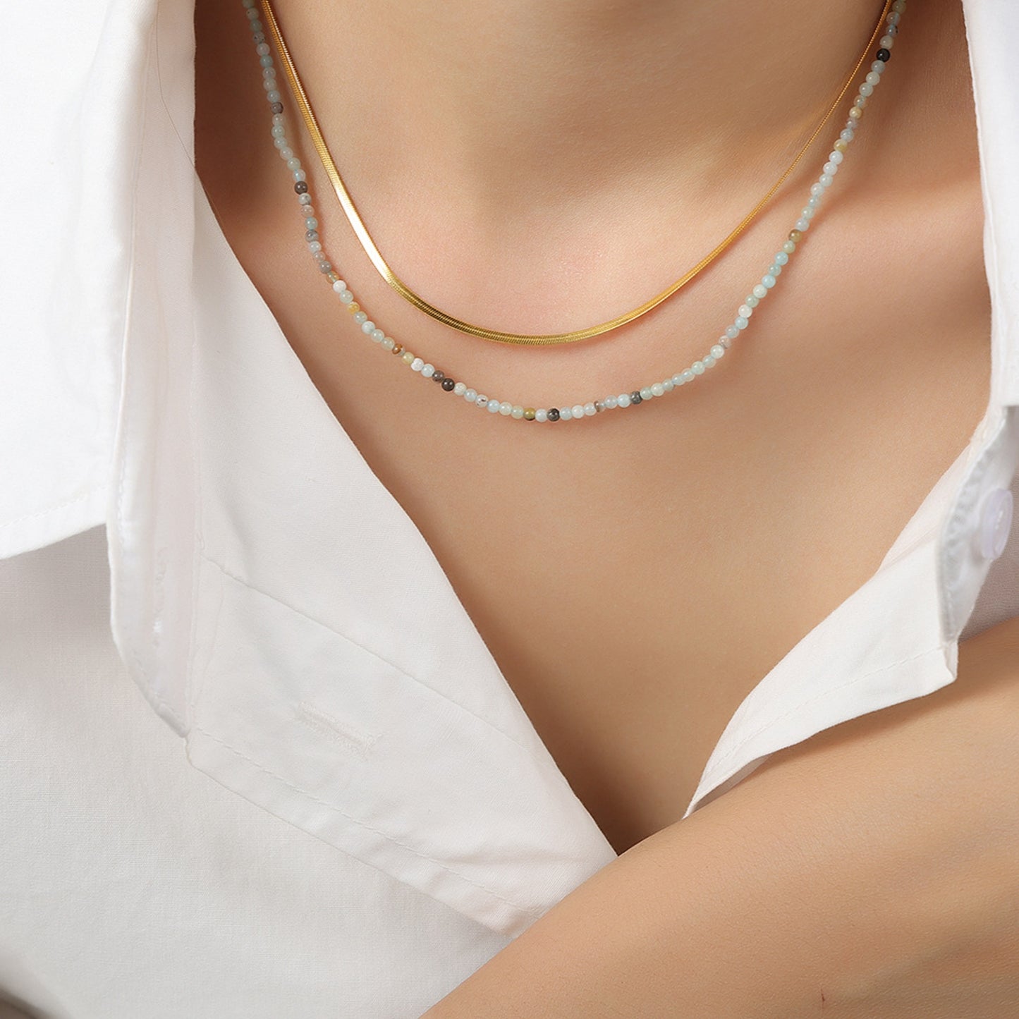 Beaded Titanium Steel Double-Layered Necklace