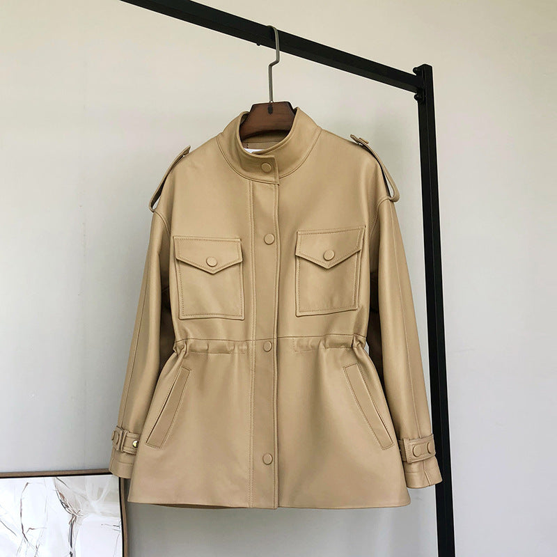 Trench-coat en peau de mouton en cuir à petite taille