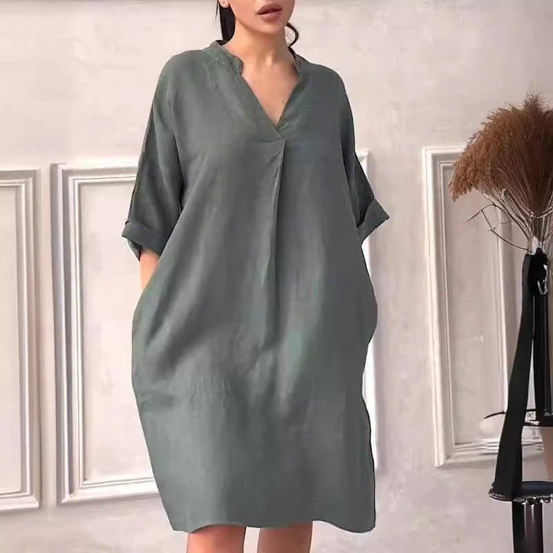 Vestido holgado de talla grande con escote en V y lino de algodón a la moda para mujer