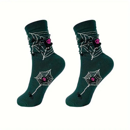 Calcetines divertidos de Halloween para mujeres y hombres, calcetines de vestir de esqueleto para adultos, calcetines de tripulación con calavera y telaraña, regalo novedoso de Halloween