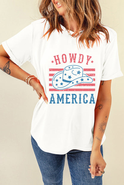 White HOWDY AMERICA Hat Graphic Round Neck T Shirt