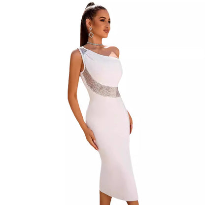 Bandage Solid Color One-shoulder Joint Slim Fit Dress