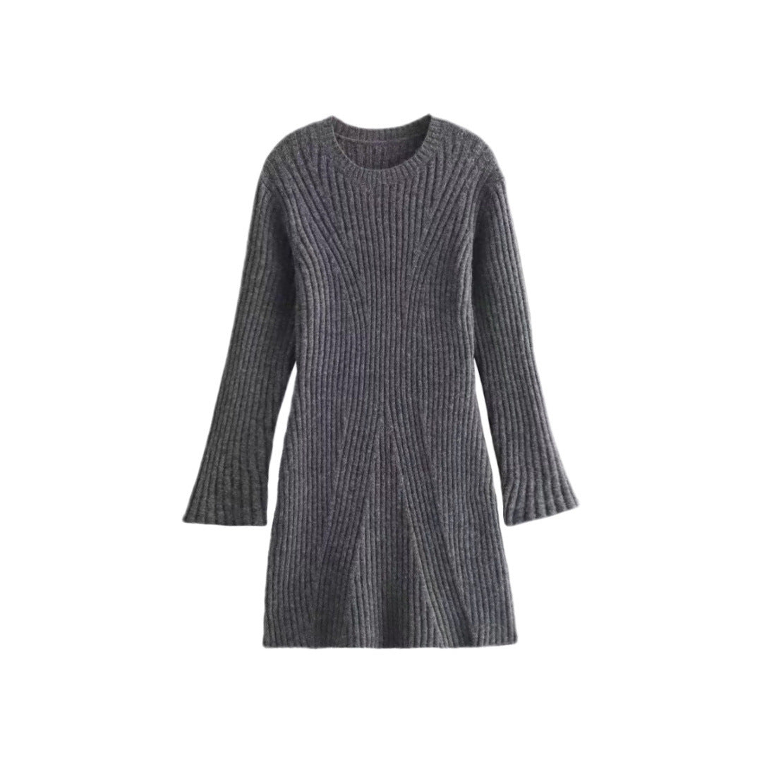 Vestido de punto acanalado liso de moda para otoño e invierno, ajustado, con cuello alto, vestidos de línea A, ropa de mujer