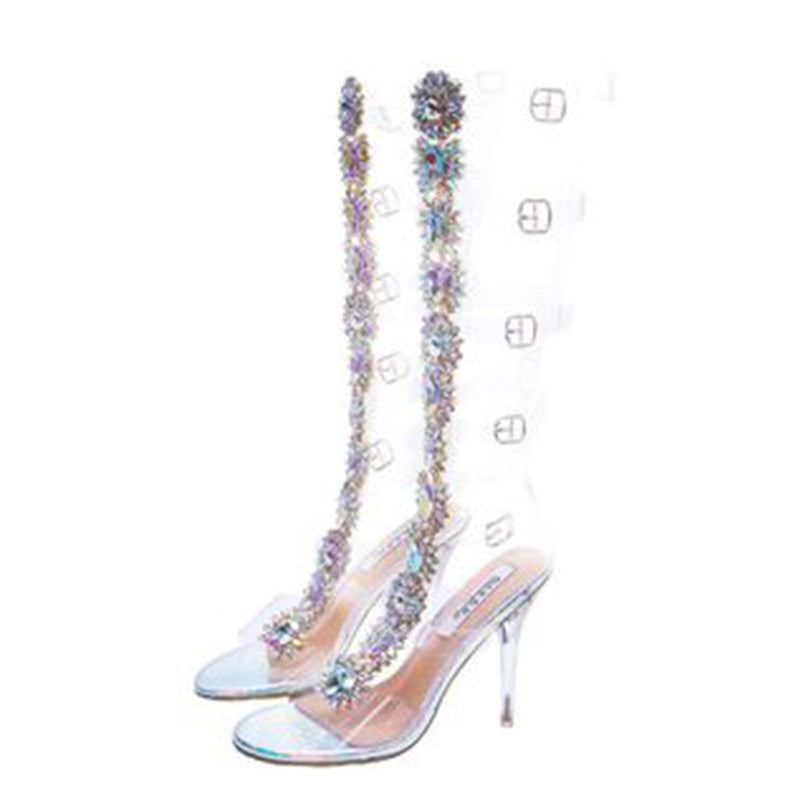 Bottes à talons hauts transparentes à gros strass tendance