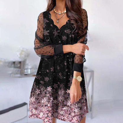 Casual Lace Long Sleeve Wave V-neck Dress