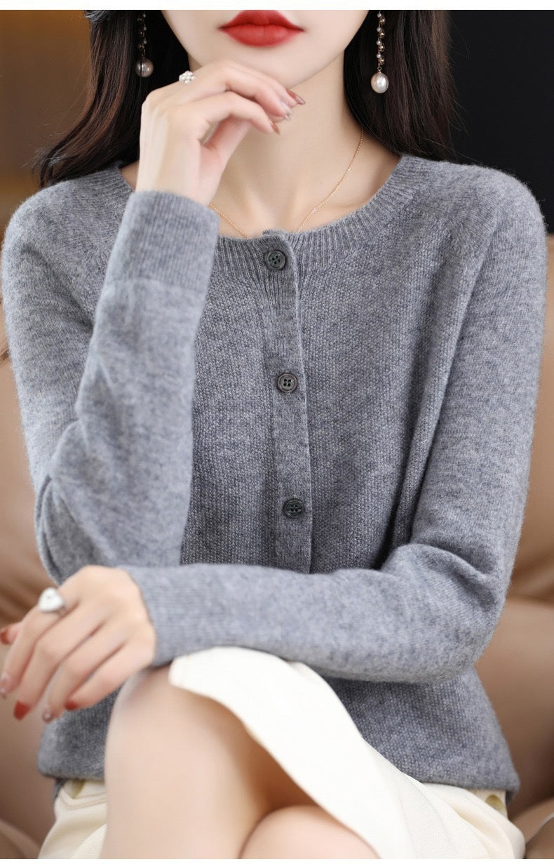 Wool Round Neck Cashmere Cardigan Knitted Coat