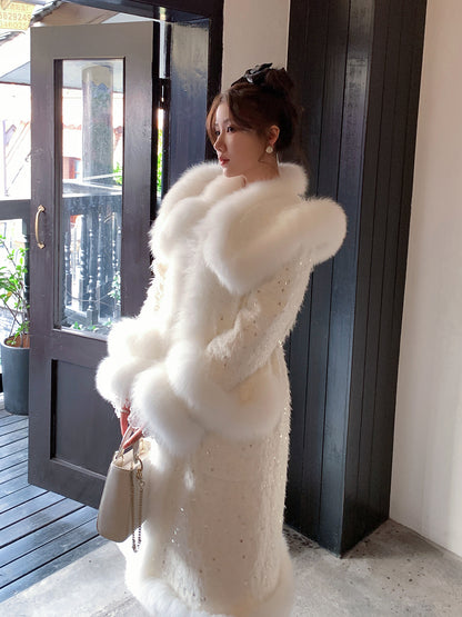 Women's Graceful And Fashionable Fox Fur Down Jacket Beaded Coat