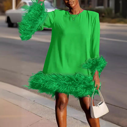 Vestido informal holgado con plumas estilo europeo y americano