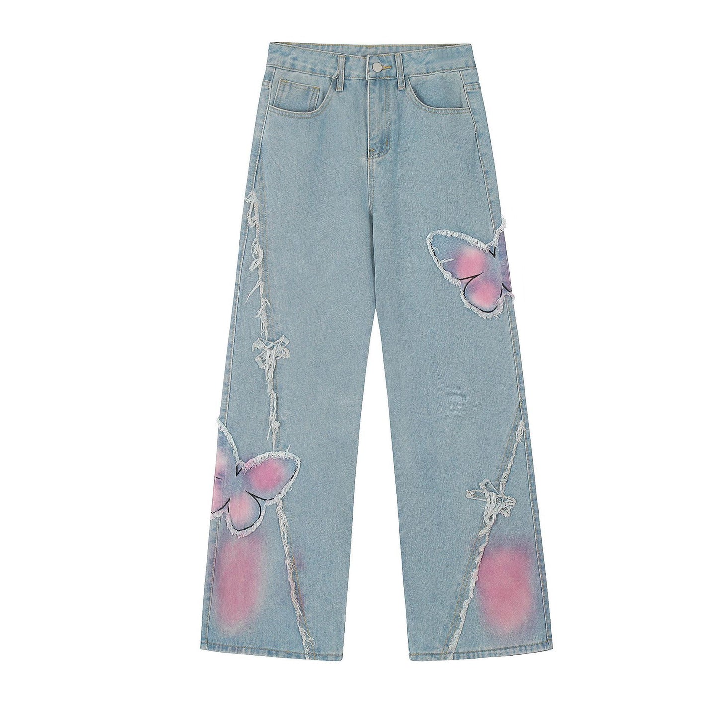 Pantalon en denim délavé papillon mignon et doux