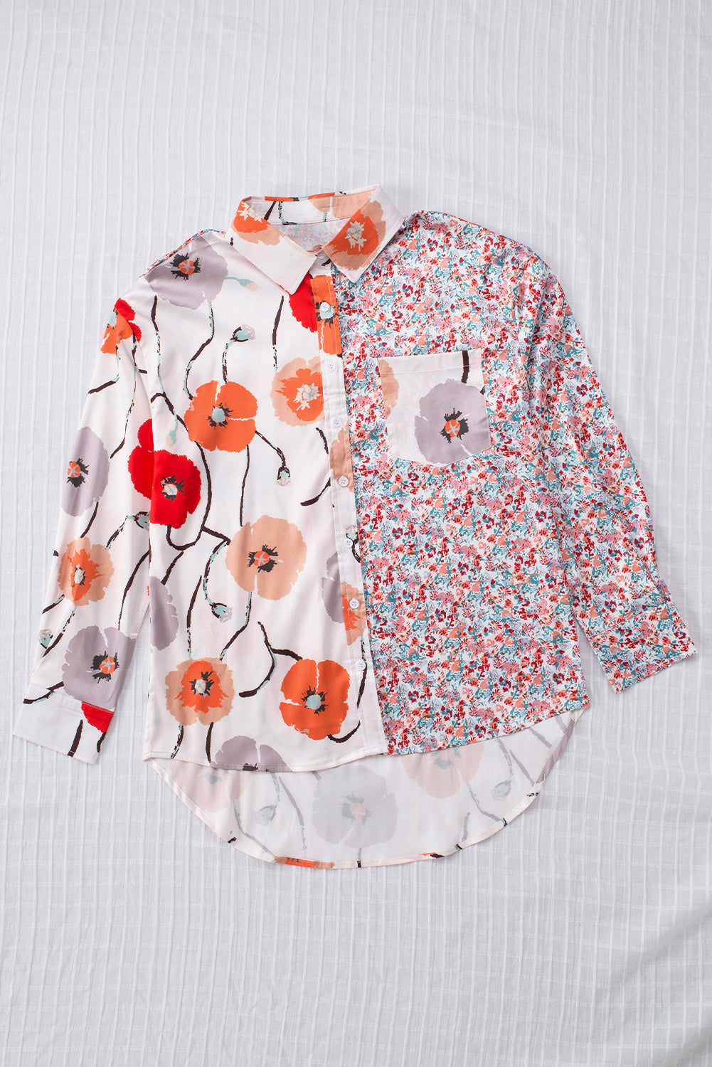 Chemise boutonnée en patchwork avec poches florales bohème rouge