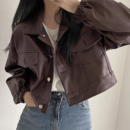 Veste courte polyvalente en cuir PU pour femmes