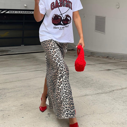 Commute Style Cotton Leopard Print Straight Ankle Skirt European And American Spring Fashion Long Skirt