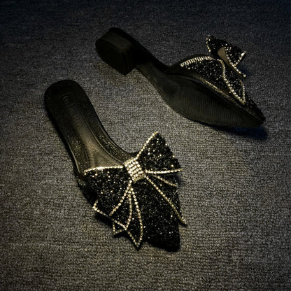 Pantuflas medias con lazo puntiagudo y diamantes de imitación para mujer a la moda