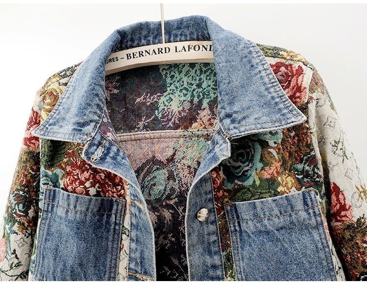 All-match Printed Patchwork Long Sleeves Lapel Denim Coat