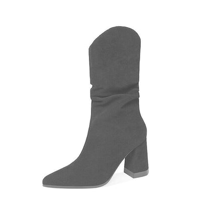 Botas de tobillo de tubo medio dobladas de cuero nobuck con punta estrecha y tacón grueso de estilo coreano para mujer