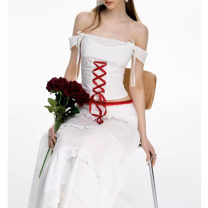 Women's White And Red Strap Off-shoulder Cake Dress Vacation Suit