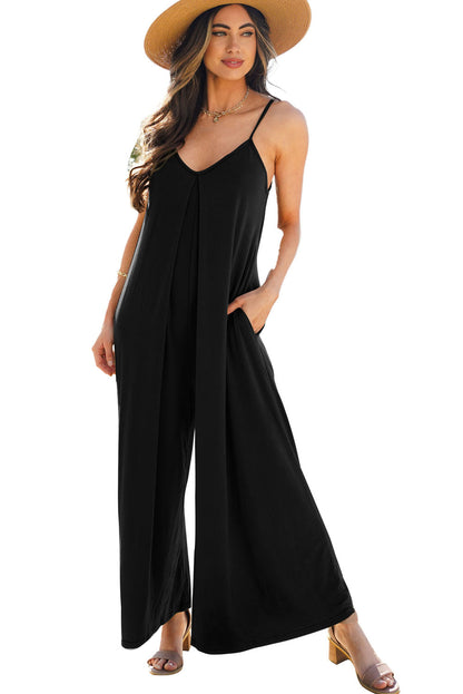 Black Spaghetti Straps Backless Wide Leg Jumpsuit