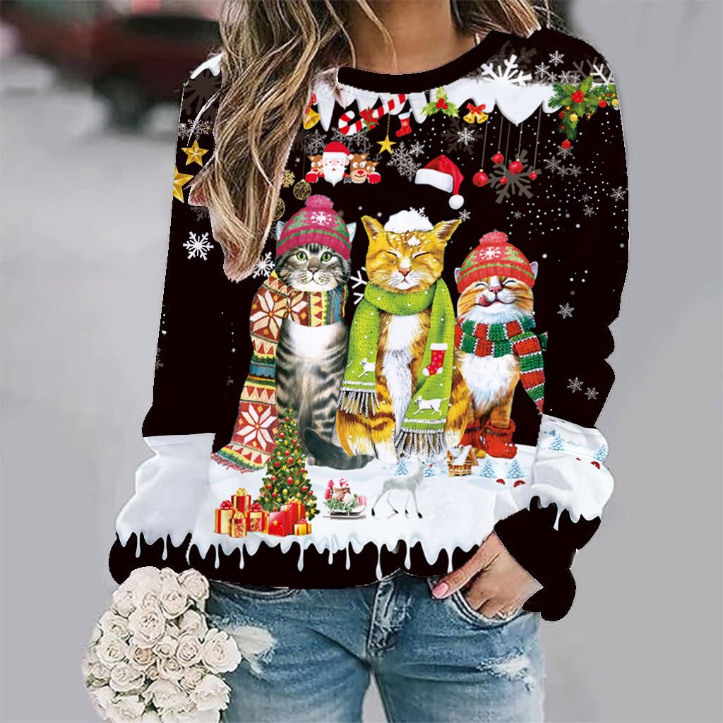 European And American Christmas Cat Printing Crew Neck Pullover Sweatshirt