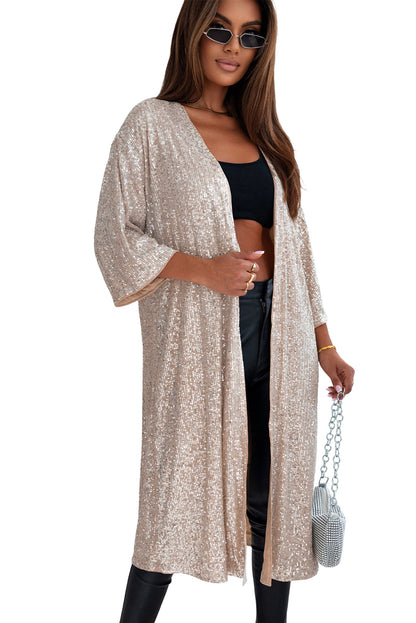 Apricot Sequin 3/4 Sleeve Open Front Duster Kimono