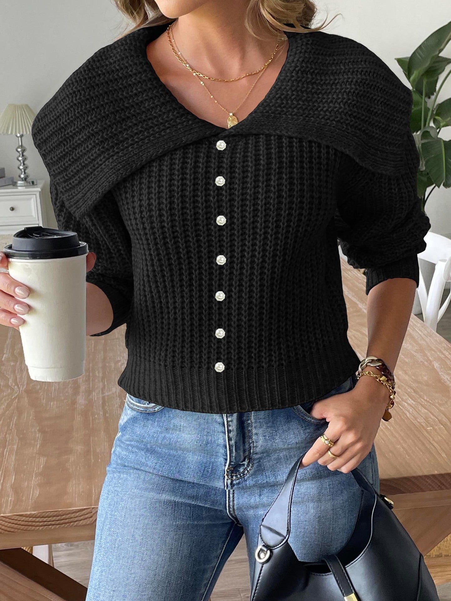 Women's Short Top Beaded Lapel Sweater