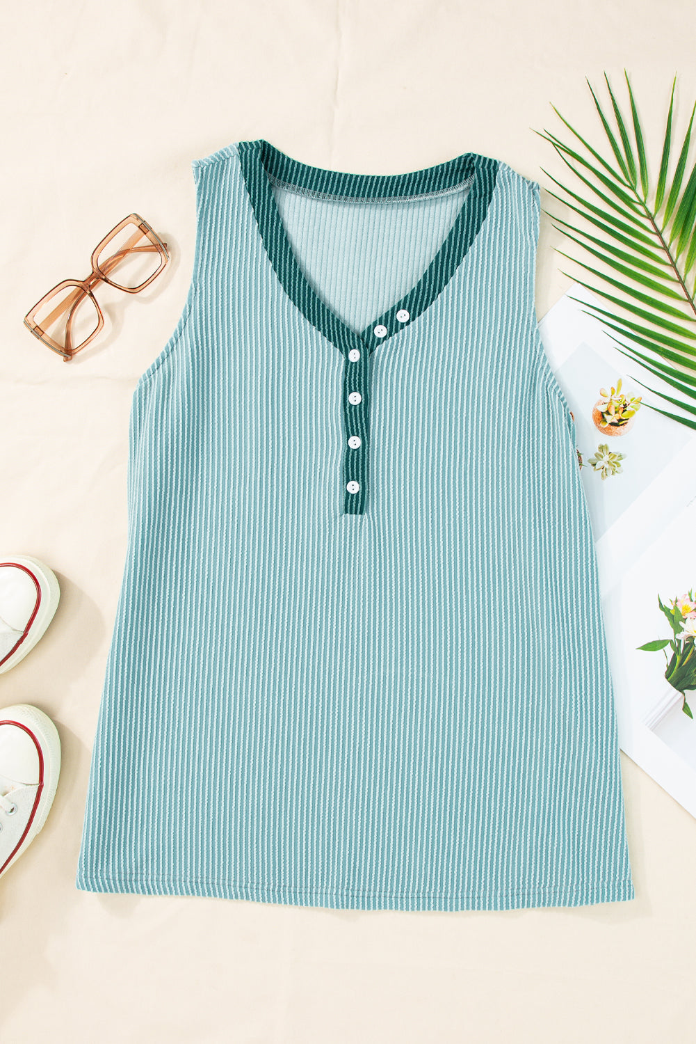 Mint Green Button Contrast V Neck Corded Tank Top