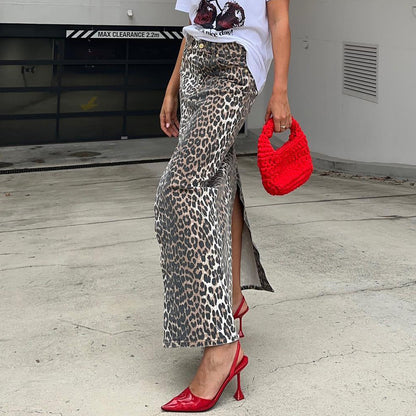 Commute Style Cotton Leopard Print Straight Ankle Skirt European And American Spring Fashion Long Skirt