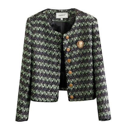 Women's Short Loose Ladies Style Green Striped Coat Jacket