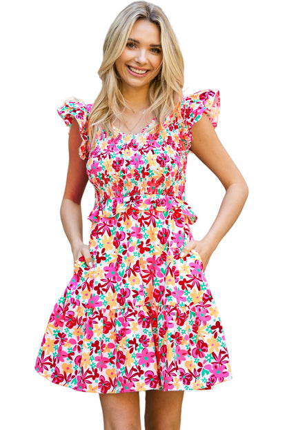 Multicolor Smocked Bodice Ruffle Trim Floral Short Dress