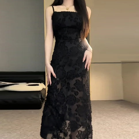 Elegant Black Lace Sling Dress