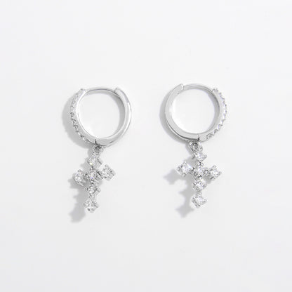 Boucles d'oreilles pendantes en argent sterling 925 avec croix en zircon incrusté