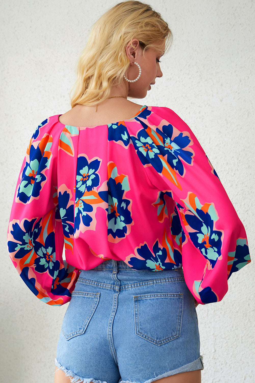 Black Flower Print Puff Sleeve Blouse