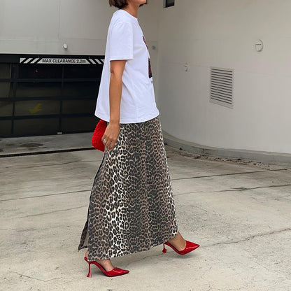 Commute Style Cotton Leopard Print Straight Ankle Skirt European And American Spring Fashion Long Skirt