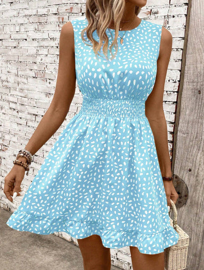 Women's Fashion Round Neck Sleeveless Waist Trimming Printing Dress