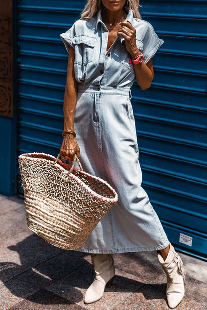 Robe en jean courte à manches chauve-souris Beau Blue