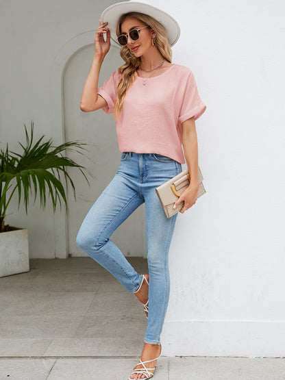 Round Neck Short Sleeve Blouse