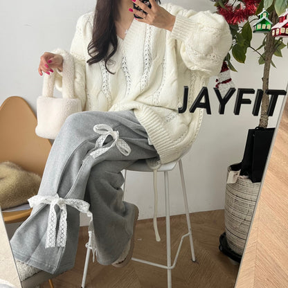 All-matching Elastic Waistband Side Lace Casual Fleece-lined Sweater Pants