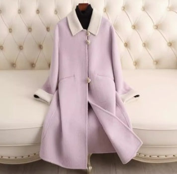 Manteau en cachemire à petit revers pour femme, coupe ample, Style de longueur moyenne