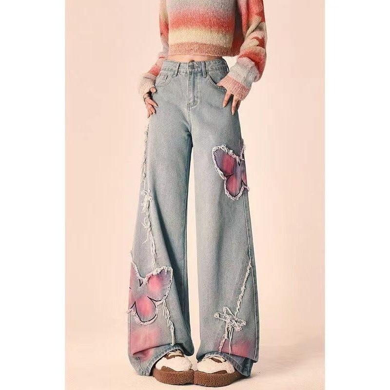 Tie-dyed Butterfly Slightly Spicy Jeans High Waist Slimming