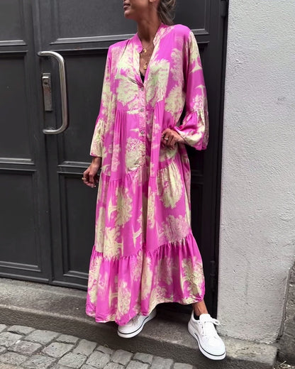 Robe ample à manches longues et à fleurs pour femme