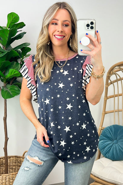 Gray Striped Ruffled Sleeve Star Print T Shirt