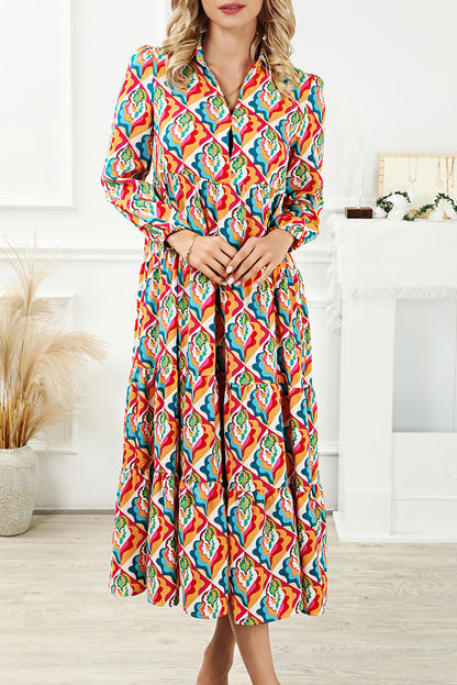 Abstract Geometric Print Long Sleeve High Waist Dress