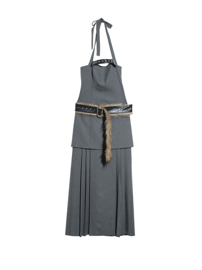 Stitching Belt Low Waist Elegant Gray Halter Pleated Split Dress