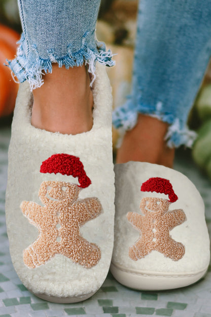 Pantoufles de maison en peluche bonhomme en pain d'épice de noël blanc