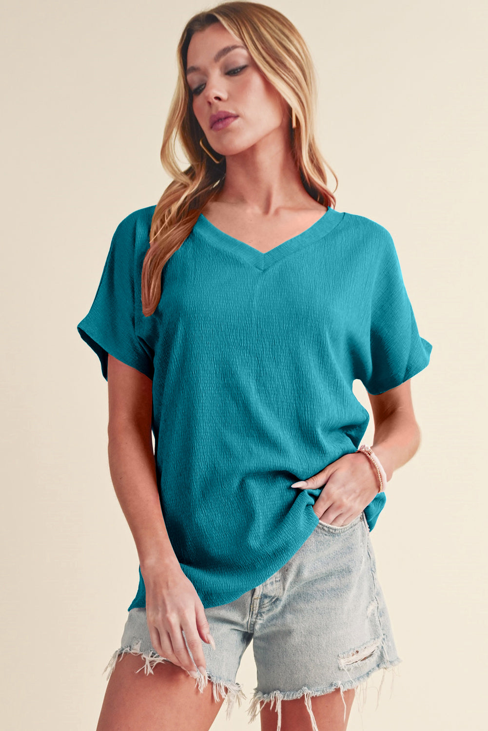 Blue Plain Crinkled V Neck Flounce Sleeve Blouse