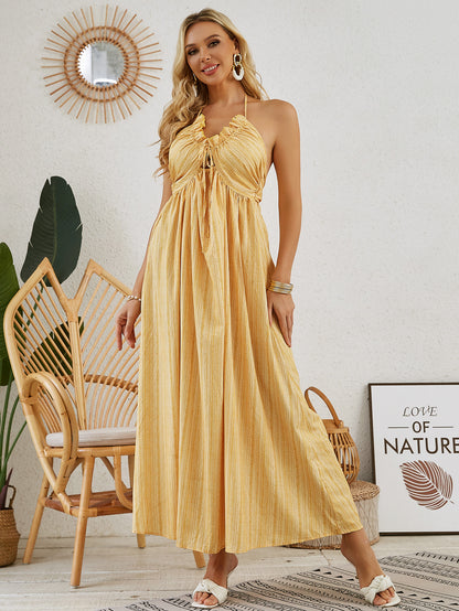 Vestido largo bohemio con cuello halter: vestido playero holgado sin mangas de verano para mujer